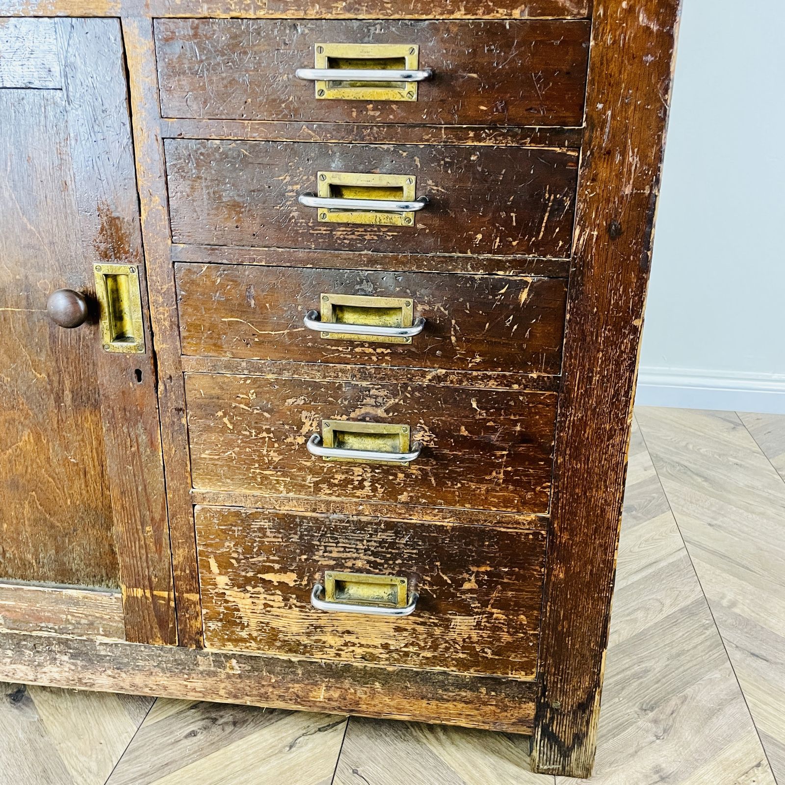 Large Industrial Workshop Cabinet With Brass Handles + Glass Top, 1920s photo 995.0