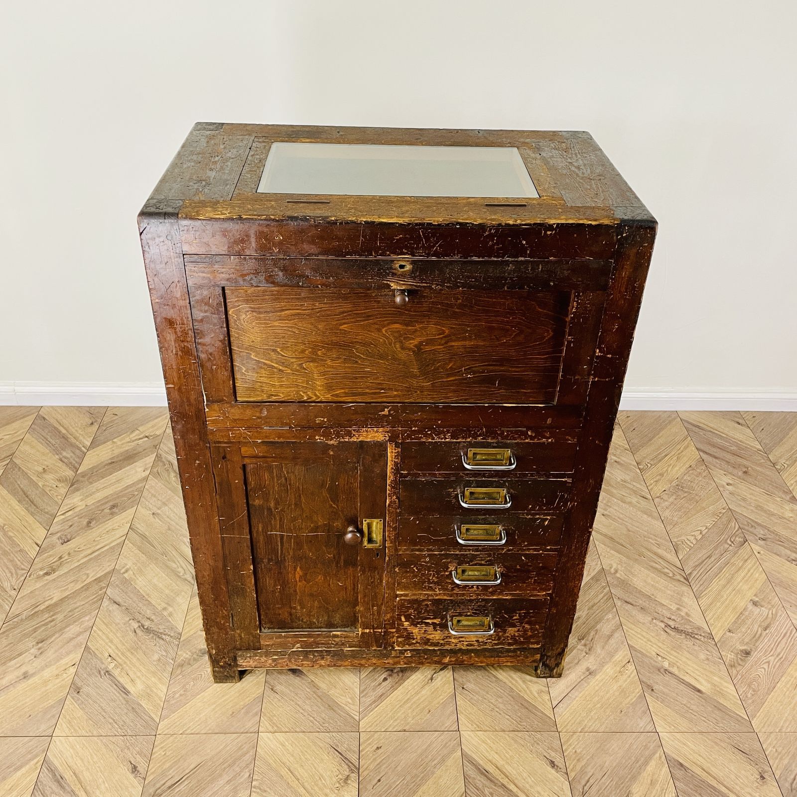 Furniture Large Industrial Workshop Cabinet With Brass Handles + Glass Top, 1920s photo