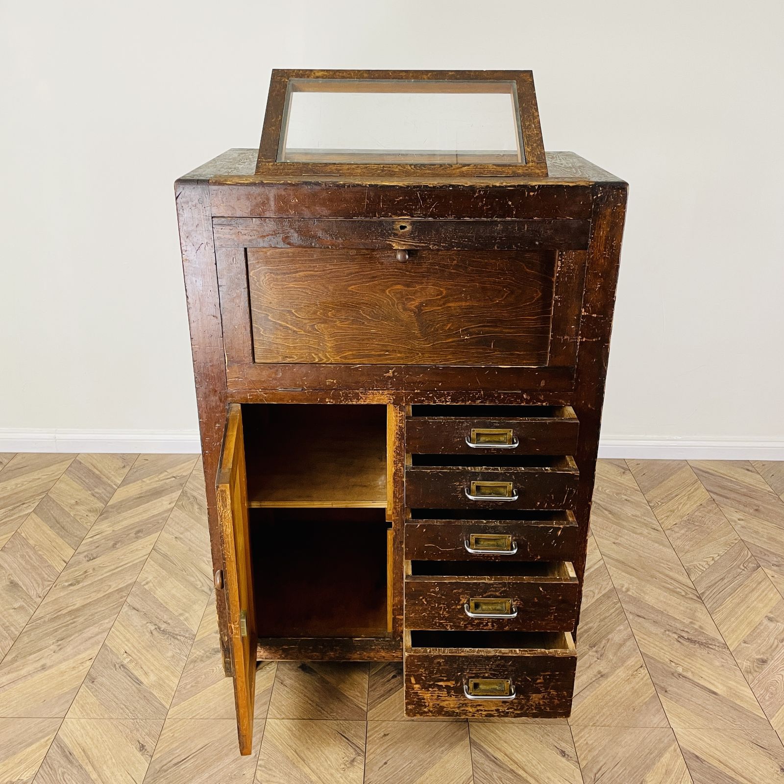 photo buy Large Industrial Workshop Cabinet With Brass Handles + Glass Top, 1920s