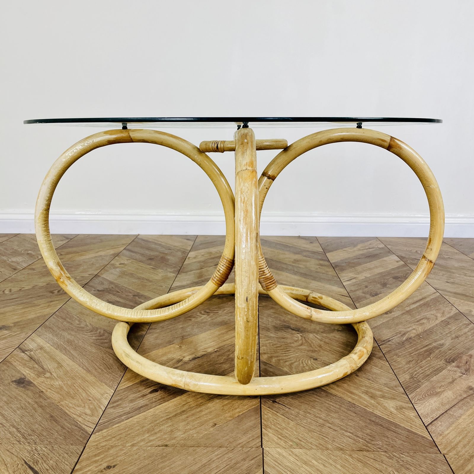 Vintage Mid Century Bamboo + Glass Coffee Table, 1970s photo 295.0