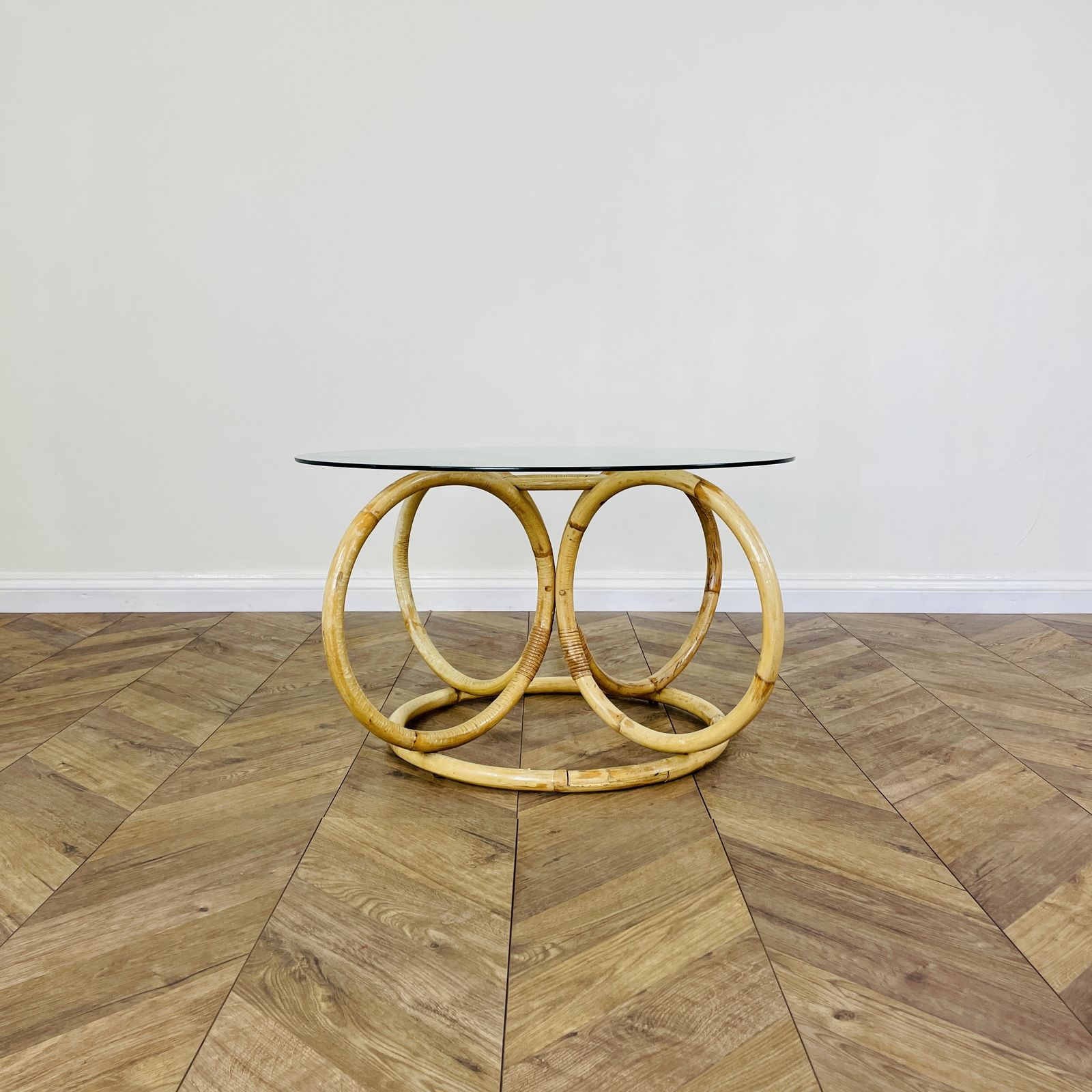 Vintage Mid Century Bamboo + Glass Coffee Table, 1970s