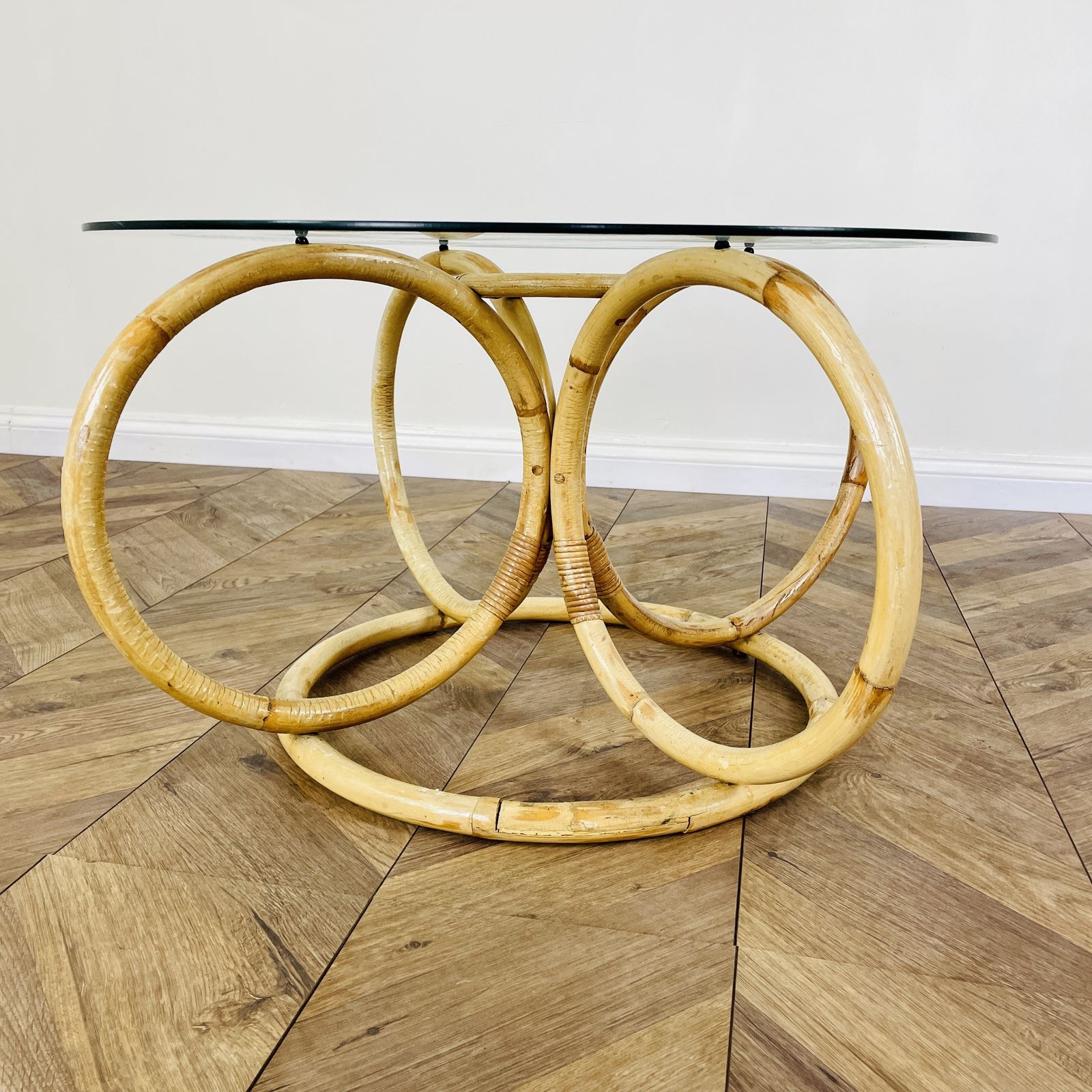 Vintage Mid Century Bamboo + Glass Coffee Table, 1970s photo buy