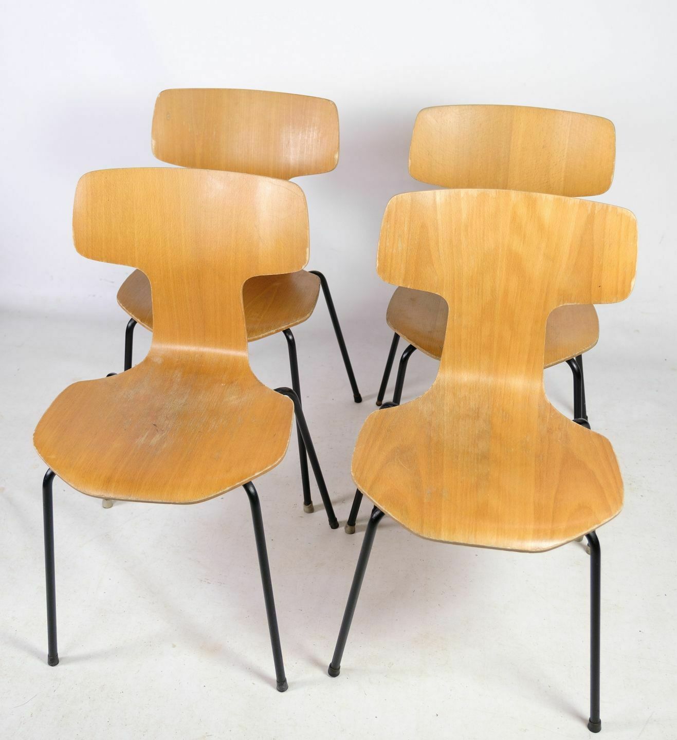 Set Of Four, Model 3103, 'T Chair', By Arne Jacobsen 1902 1971, Oak, Fritz Hansen