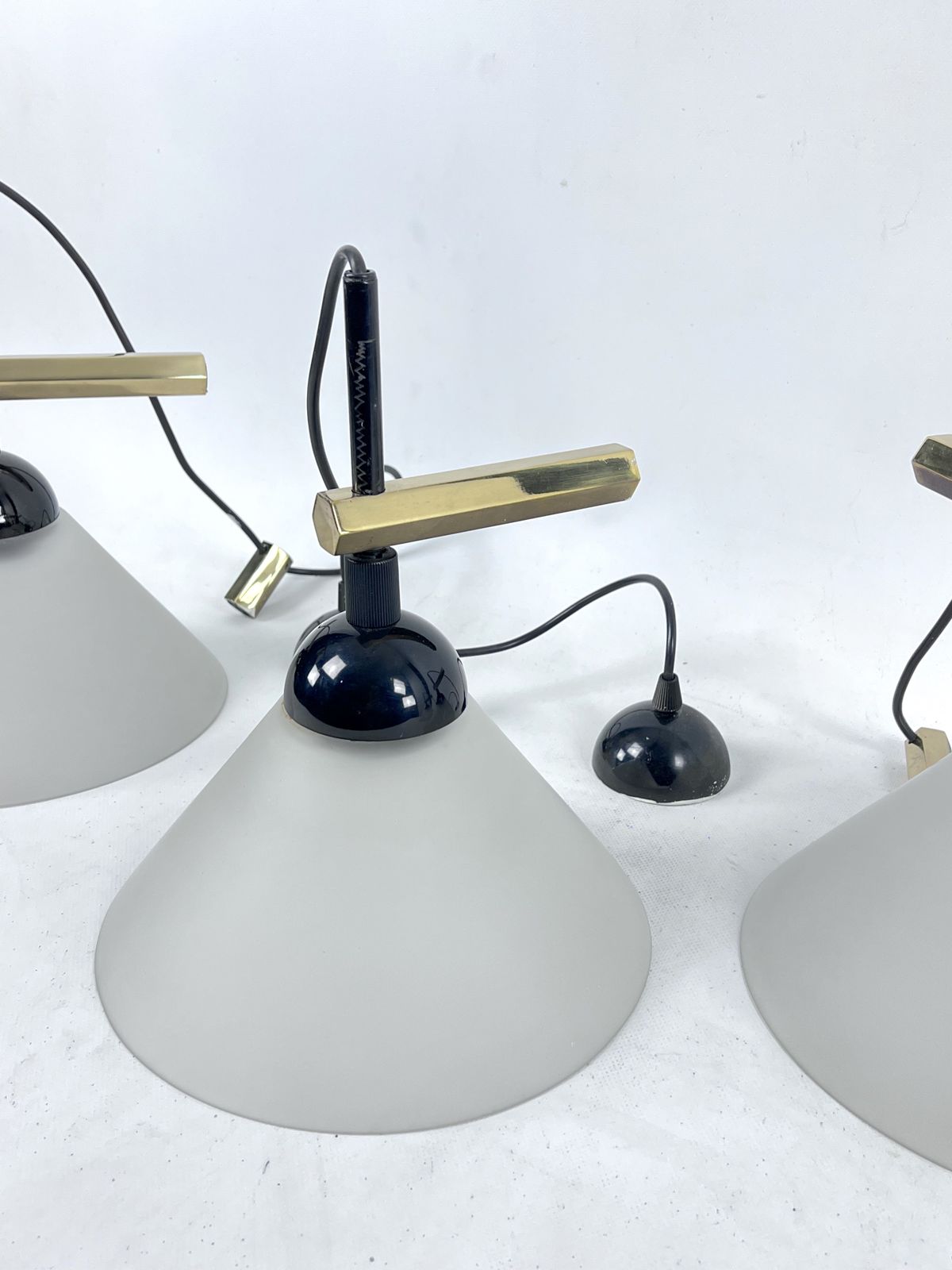 Lighting Rare Set Of Four Italian Modern Brass And Murano Glass Wall Lamps By Quattrifolio. 1970s photo