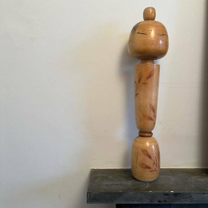 Large Signed Japanese Kokeshi Doll With Wheat Sheaf Engravings photo 165.0