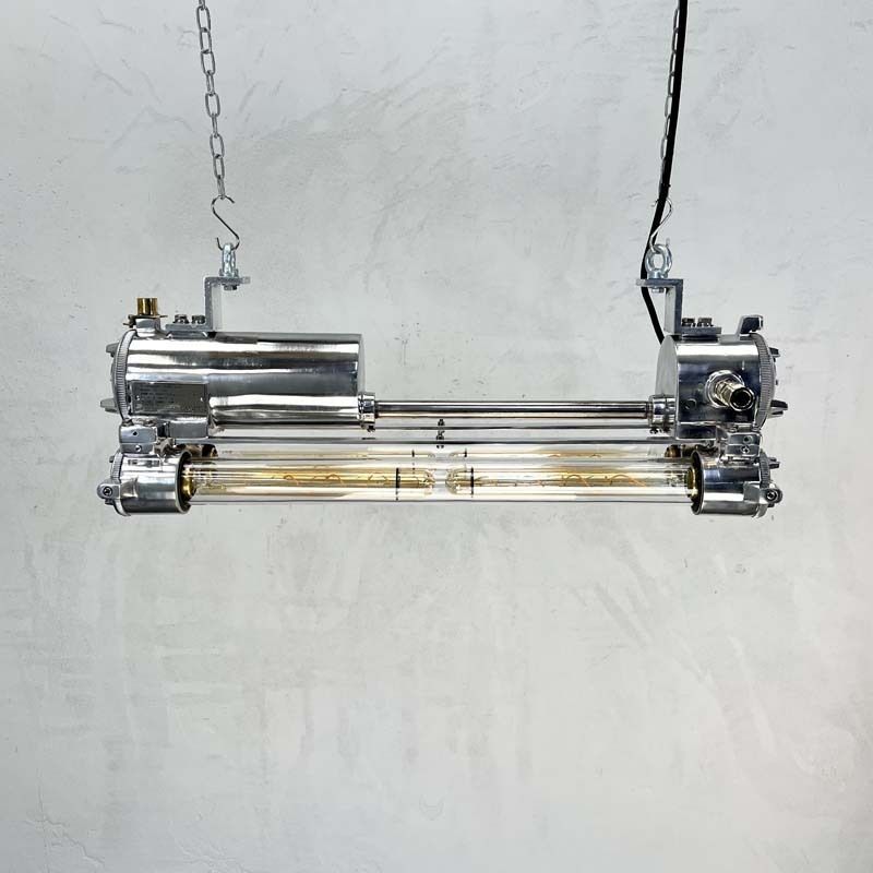 1970s Industrial Polished Aluminium Brass & Glass Edison Flameproof Strip Light photo furniture