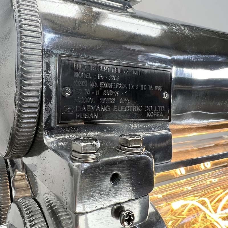 1970s Industrial Polished Aluminium Brass & Glass Edison Flameproof Strip Light photo for sale
