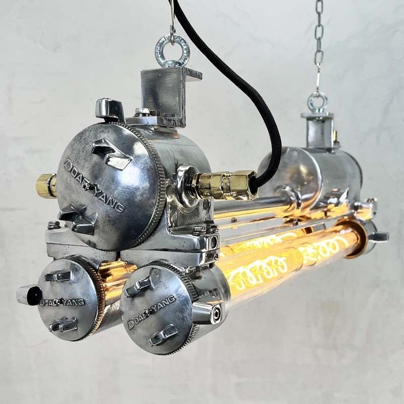 1970s Industrial Polished Aluminium Brass & Glass Edison Flameproof Strip Light photo vinterior