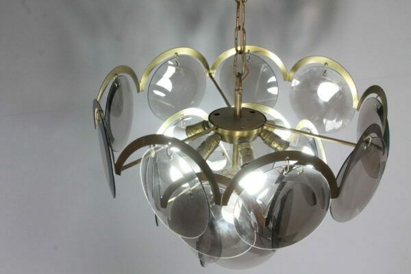 photo for sale Chandelier From The 60s, Eye Catching Smoked Murano Glass And Brass. Vintage Modernism