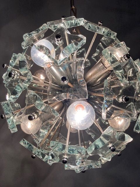Chandelier Sputnik Chandelier – Mid Century Fontana Arte 1968 Modern Design N. 8 Light Points Frosted Glass photo vinterior