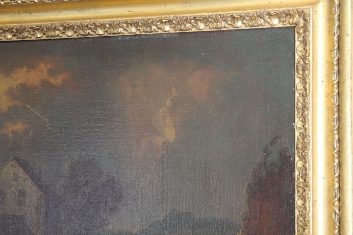 2454.4 Important Flemish Oil Painting On Canvas From The 1750s !! With Storm And Fire. photo