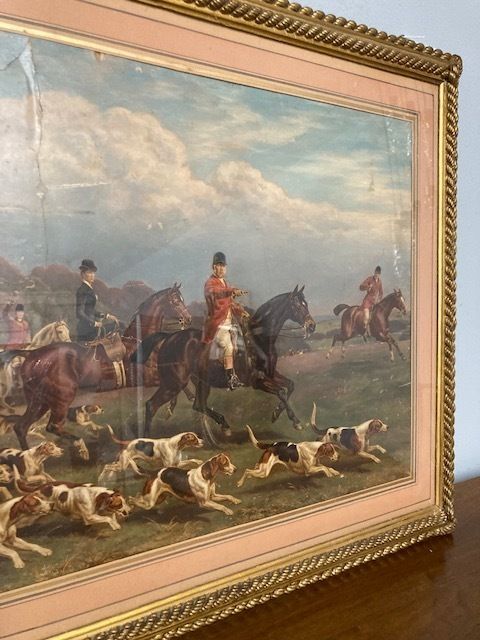 Ancient Watercolor Engraving From The 19th Century Depicting A Hunting Scene In A Golden Frame photo for sale