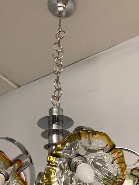 Lighting Vintage Mazzega Chandelier From The 70s. No. 7 Light Points Restored Murano Flowers. Modern! photo