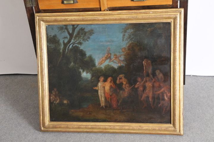 Ancient Painting France 18th Century Gallant Scene With Harlequin, Coeval Frame