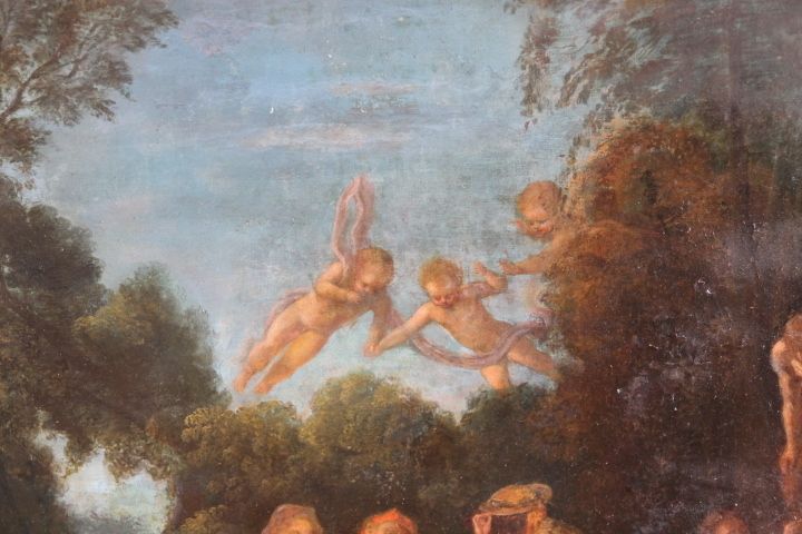 Ancient Painting France 18th Century Gallant Scene With Harlequin, Coeval Frame photo buy