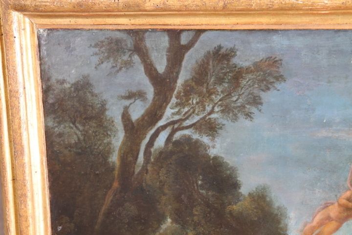 photo furniture Ancient Painting France 18th Century Gallant Scene With Harlequin, Coeval Frame
