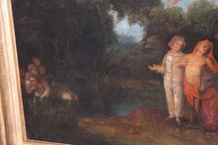 photo for sale Ancient Painting France 18th Century Gallant Scene With Harlequin, Coeval Frame