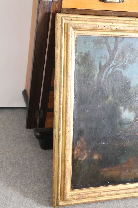 Art Ancient Painting France 18th Century Gallant Scene With Harlequin, Coeval Frame photo