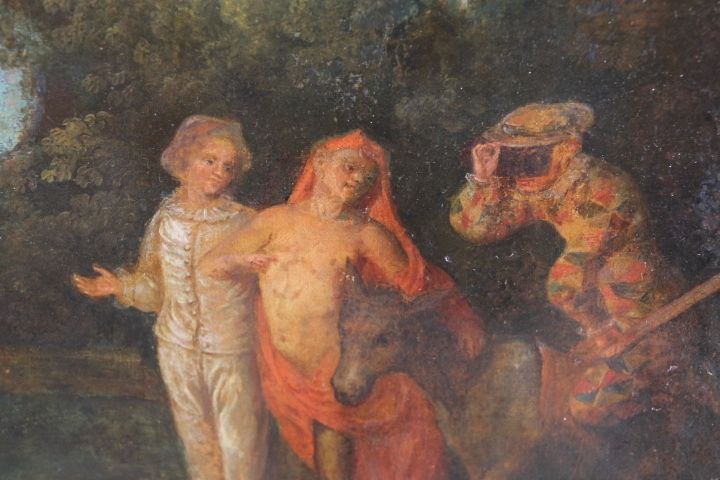2340.0 Ancient Painting France 18th Century Gallant Scene With Harlequin, Coeval Frame photo