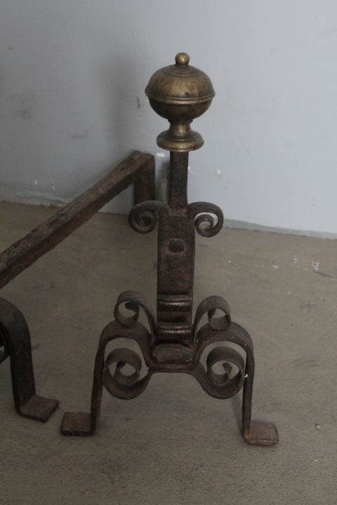 Ancient Pair Of Fireplace Andirons In Iron And Brass From The 18th Century photo for sale