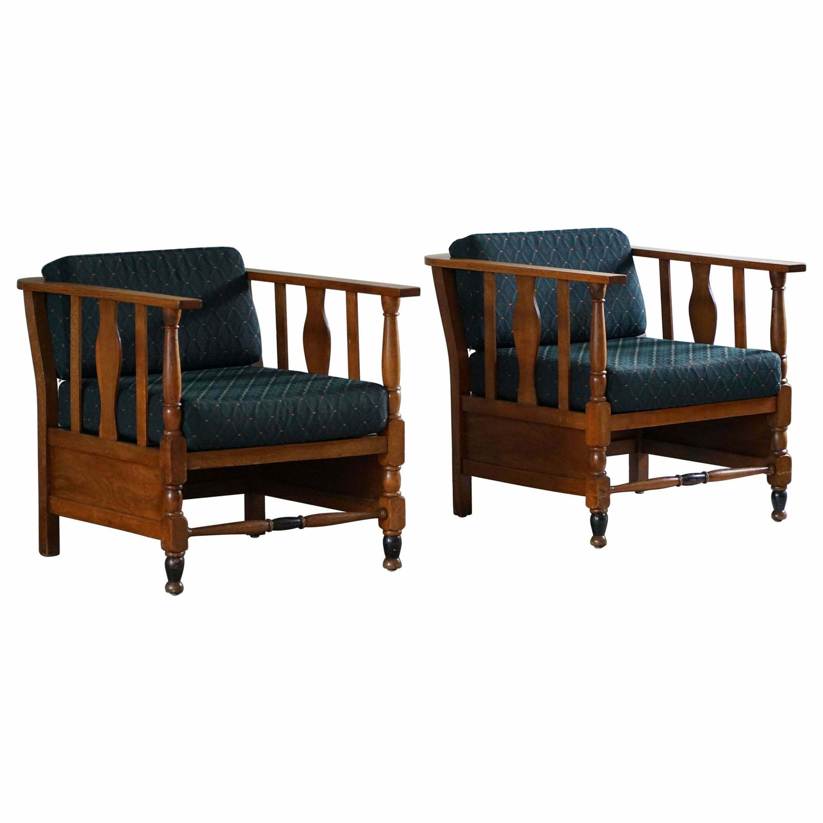 Art Nouveau, Pair Of Lounge Chairs In Oak, Reupholstered In Style Fabric, 1920s