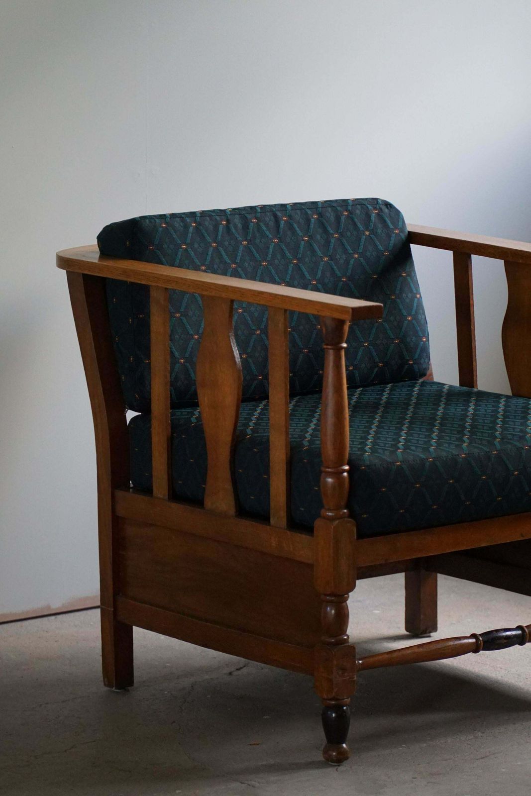 photo furniture Art Nouveau, Pair Of Lounge Chairs In Oak, Reupholstered In Style Fabric, 1920s