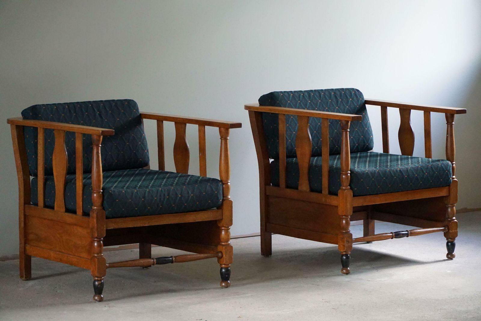 photo buy Art Nouveau, Pair Of Lounge Chairs In Oak, Reupholstered In Style Fabric, 1920s