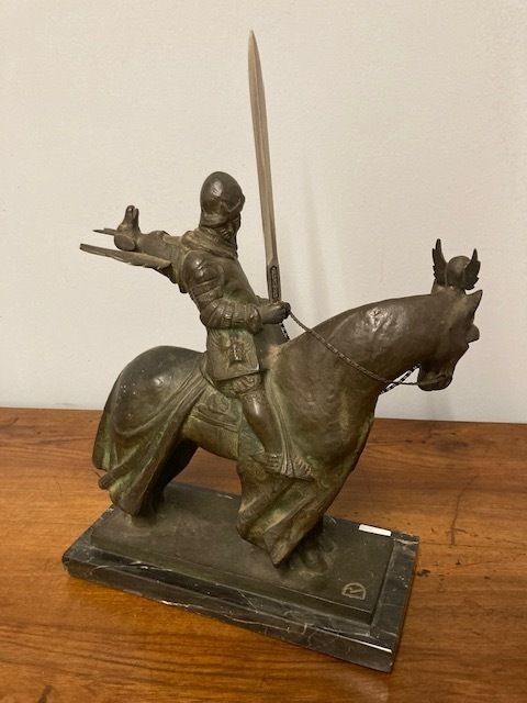 Ancient Bronze Of A Knight On Horseback From The Early 1900s, Italian School. photo furniture