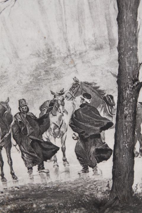 photo for sale Ancient Print Depicting "The Attack". Italy From The 19th Century In Frame.