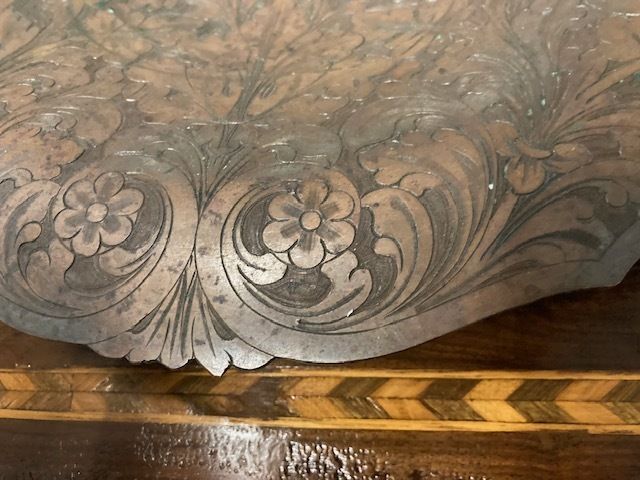 Antique Copper Centerpiece With Floral Embossing. Italy 19th Century photo furniture