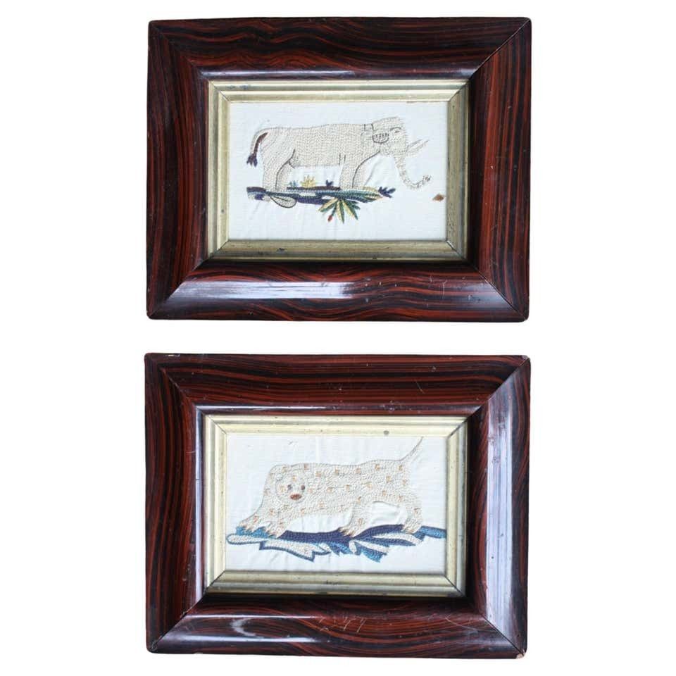 Pair Of Early 19th Century Silk Embroidery Folk Art Animals Elephant & Leopard