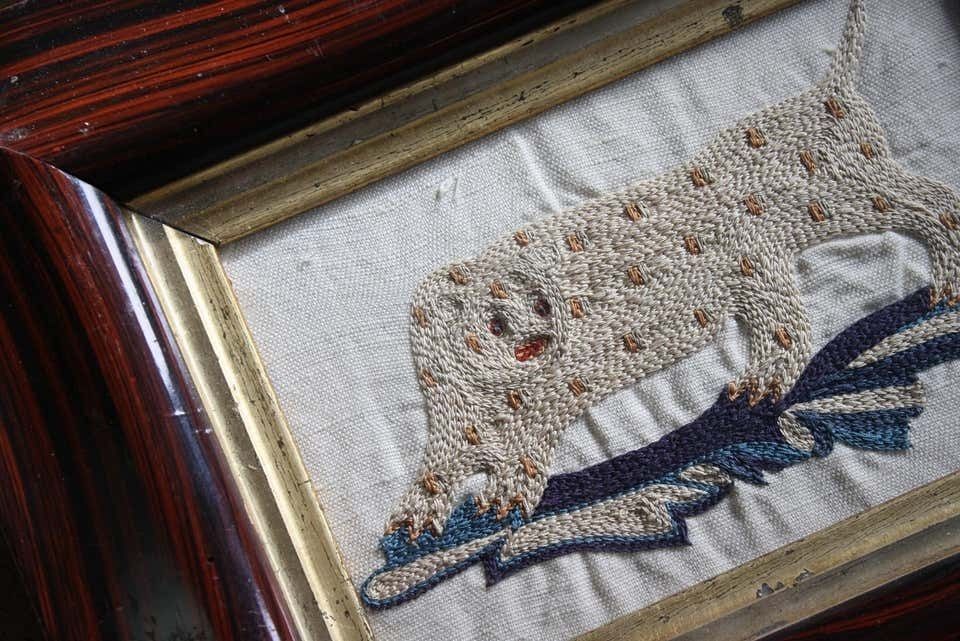 Pair Of Early 19th Century Silk Embroidery Folk Art Animals Elephant & Leopard photo Art