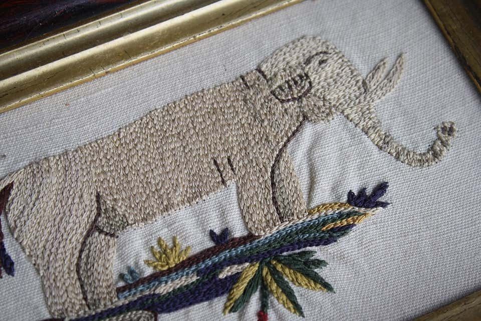 Pair Of Early 19th Century Silk Embroidery Folk Art Animals Elephant & Leopard photo vintage
