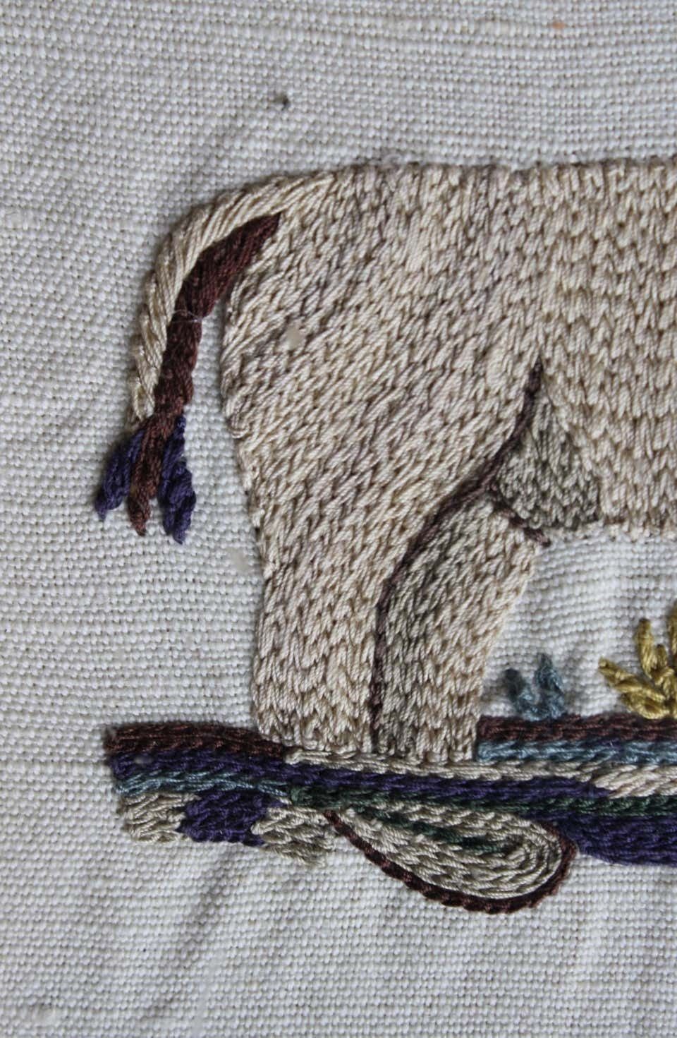 photo furniture Pair Of Early 19th Century Silk Embroidery Folk Art Animals Elephant & Leopard