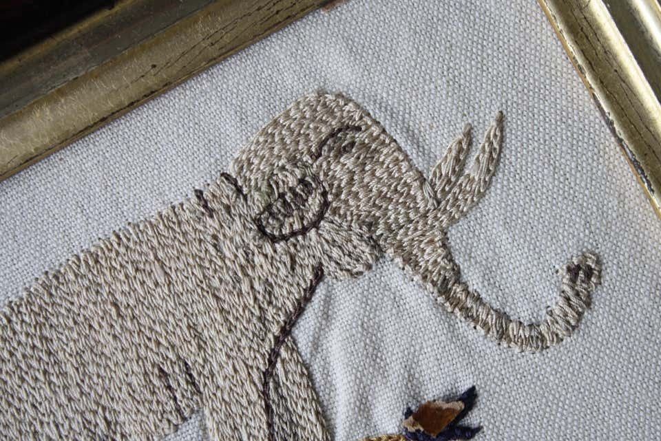 1595.0 Pair Of Early 19th Century Silk Embroidery Folk Art Animals Elephant & Leopard photo
