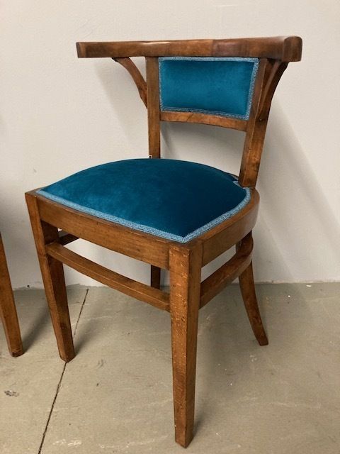 Antique Pair Of Walnut Art Deco Cockpit Armchairs From 1940. Restored Modern Antiques Petroleum Fabric photo for sale