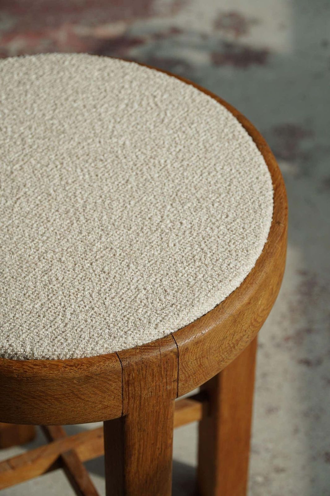 photo for sale Danish Mid Century Stool In Oak And Reupholstered In Bouclé Wool Ca 1950s