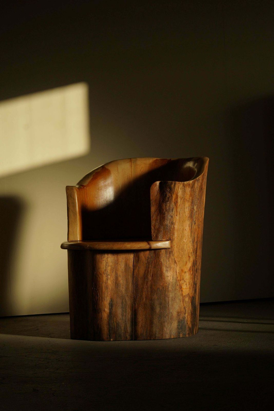 Sculptural Carved Wabi Sabi Brutalist Stump Chair In Solid Pine, Swedish, 1968 photo for sale