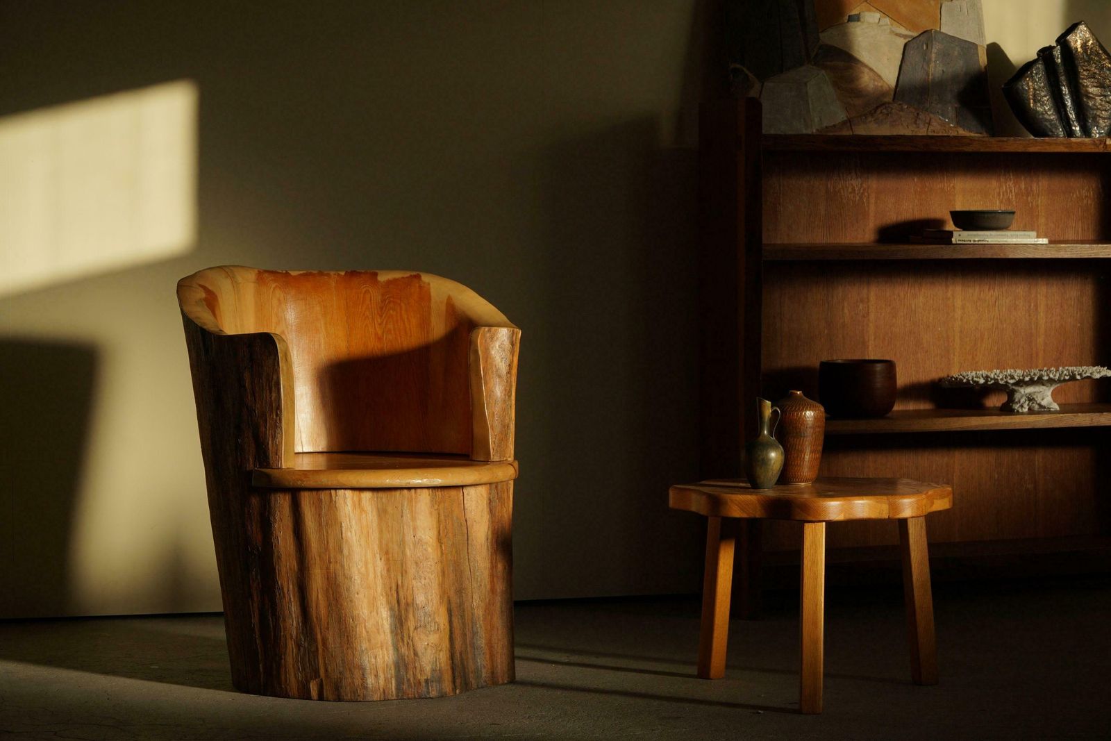 Sculptural Carved Wabi Sabi Brutalist Stump Chair In Solid Pine, Swedish, 1968 photo buy