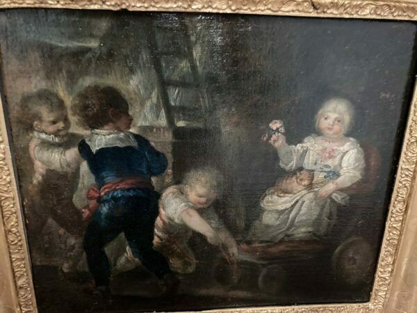 Ancient Pair Of 18th Century Paintings "Gioco Di Putti" In Gold Leaf Frame. photo vinterior