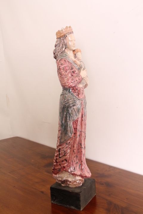 Ancient Virgin Sculpture In Polychrome Majolica From The 1950s, H 70 Cm. Signed Benini Faenza photo Home Decor