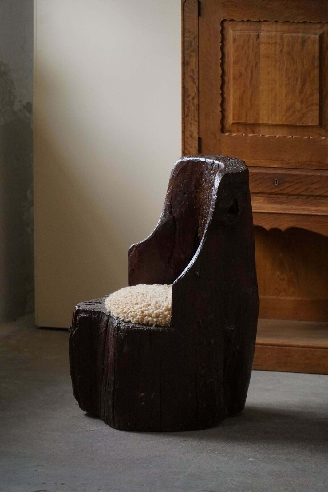 Handcarved Swedish Primitive Wabi Sabi Stump Chair   Lambswool Seat   1900s photo furniture