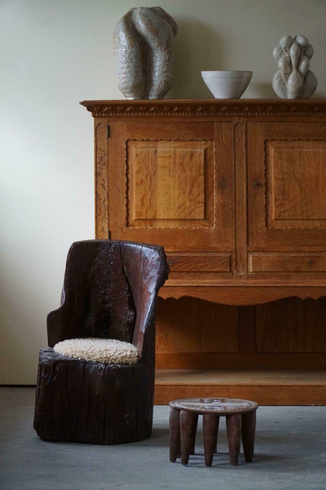 Handcarved Swedish Primitive Wabi Sabi Stump Chair   Lambswool Seat   1900s photo vinterior