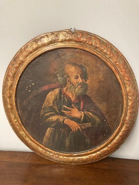 Ancient Round Oil Painting On Panel From The 17th Century St. Peter In Patina With Coeval Frame photo furniture