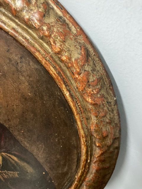 Ancient Round Oil Painting On Panel From The 17th Century St. Peter In Patina With Coeval Frame photo 119.6