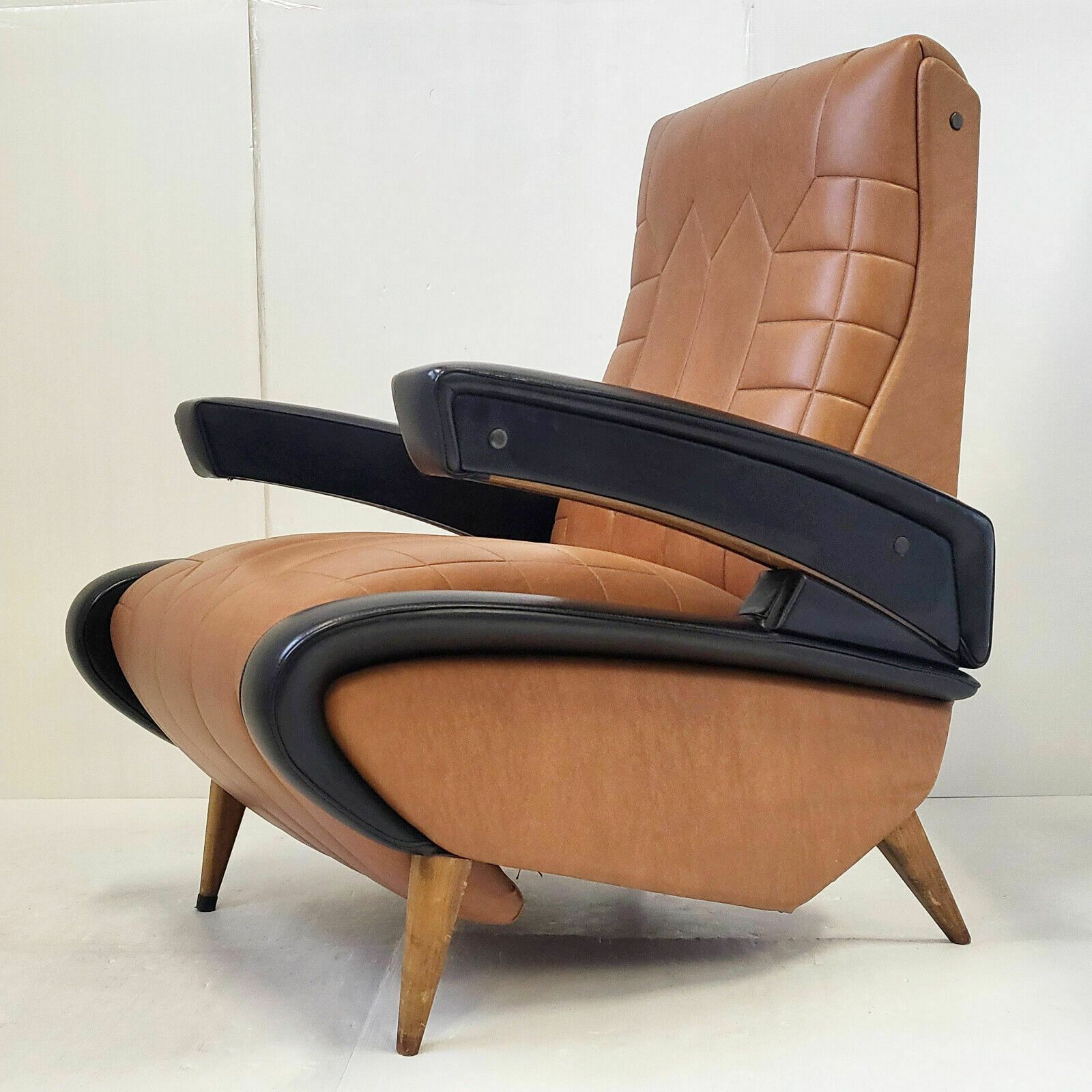 Vintage Italian Armchair 1950 Skai Brown & Black Dlg Marco Zanuso 50s Rockabilly