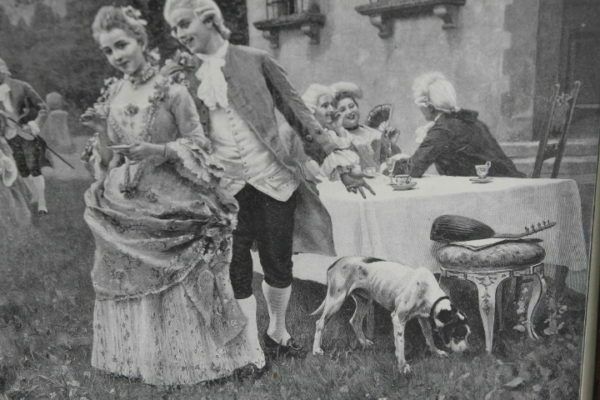 Ancient French Print Depicting A Bucolic Scene From The 19th Century, Signed At The Bottom. photo for sale