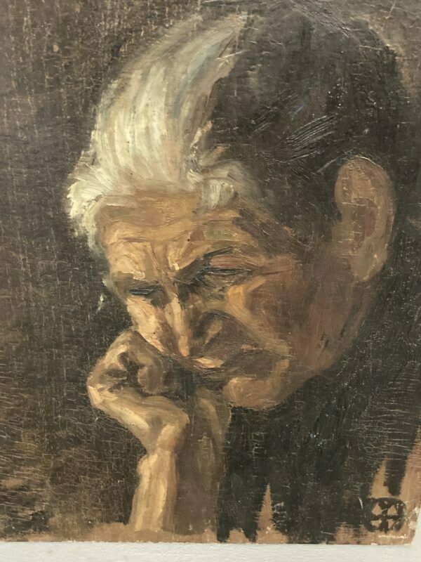 Ancient Painting "Anziana Pensante" On Hardboard First