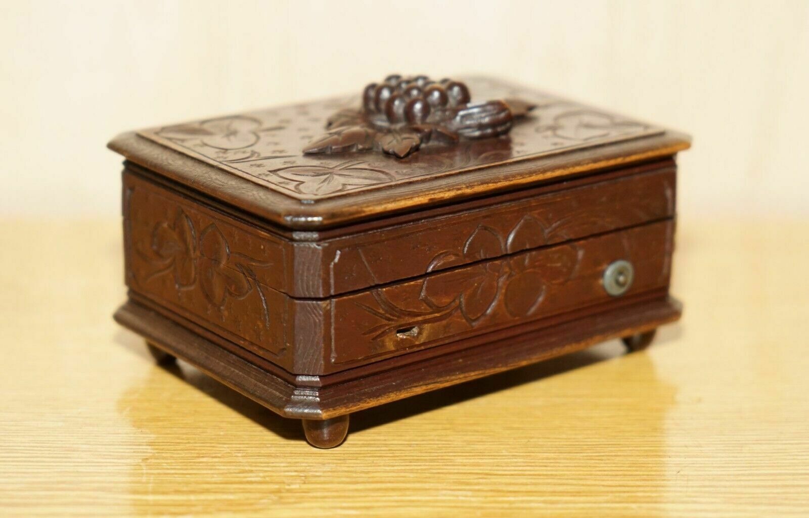 Original Antique Grape Vine Carved Black Forest Wood Music Box Needs Service