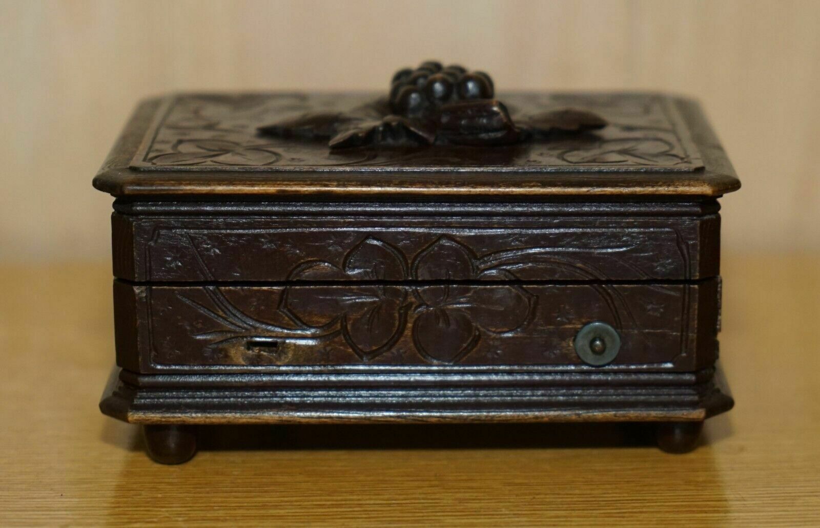 Original Antique Grape Vine Carved Black Forest Wood Music Box Needs Service photo furniture
